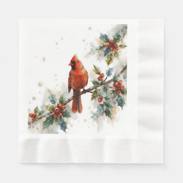 Serviette En Papier Cardinal de Noël et feuilles de houx (Devant)