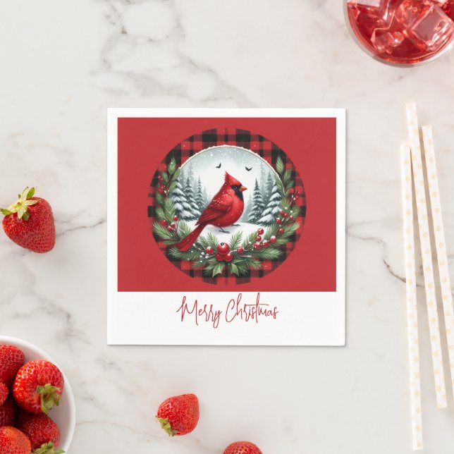 Serviette En Papier Cardinal rouge avec baies de houx (En situation)