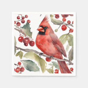 Serviette En Papier Cardinal rouge et baies sauvages Noël