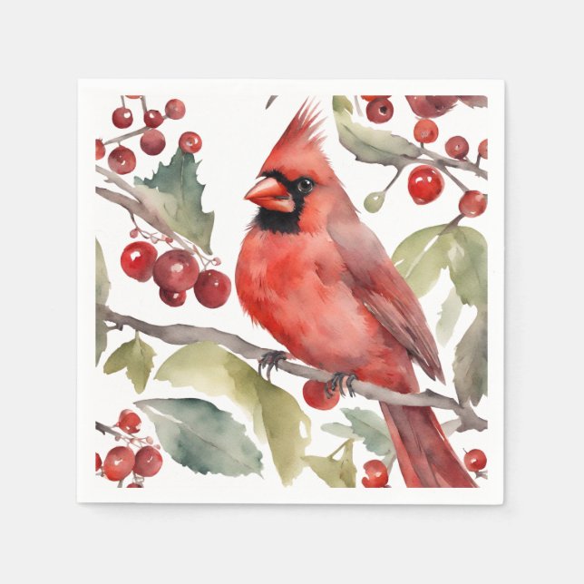 Serviette En Papier Cardinal rouge et baies sauvages Noël (Devant)