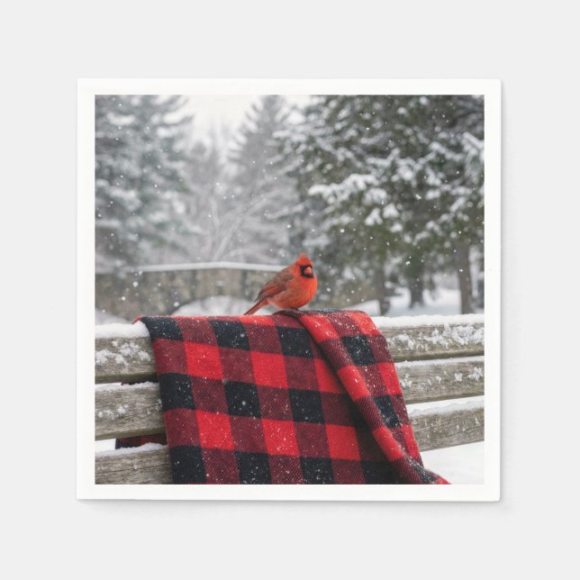 Serviette En Papier Cardinal sur une couverture à carreaux enneigée (Devant)