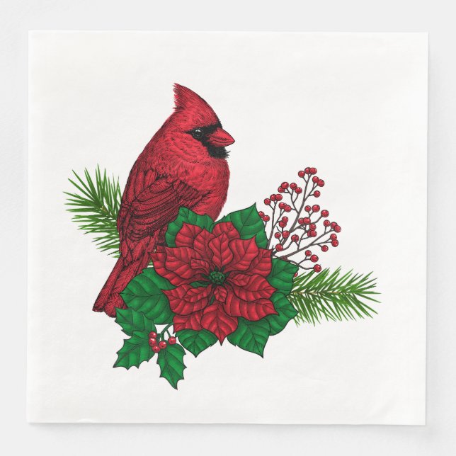 Serviette En Papier Cardinaux rouges sur décoration de Noël (Devant)