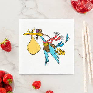 Serviette En Papier Caricature de cigogne avec lunettes et paquet bébé