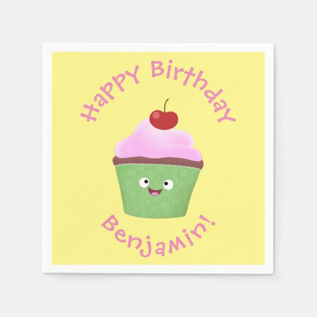Serviette En Papier Caricature de cupcake joyeux (Devant)