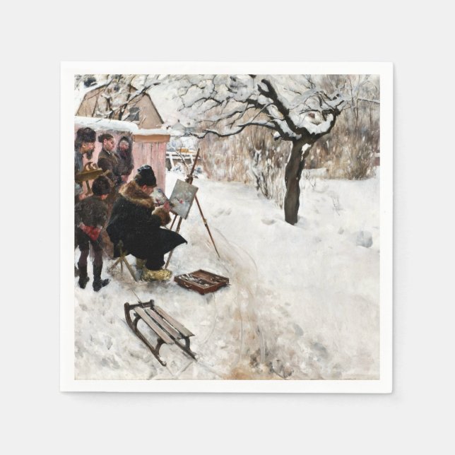 Serviette En Papier Carl Larsson Peintre en plein air. Motif hiver (Devant)