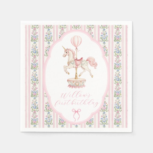 Serviette En Papier Carousel Rose Premier Anniversaire (Devant)