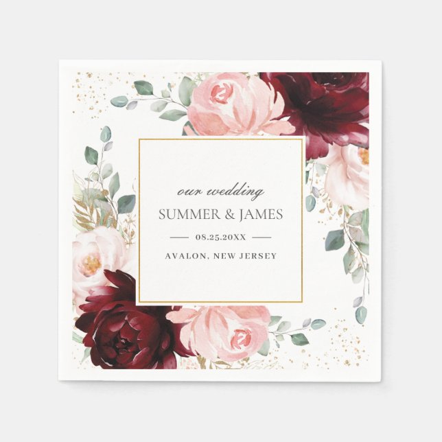 Serviette En Papier Carré de Mariage rose rose rose de Bourgogne riche (Devant)