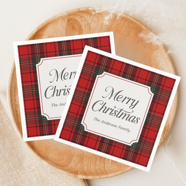 Serviette En Papier Carré Rouge Joyeux Noël (Red Plaid Modern Merry Christmas Holiday Napkin)