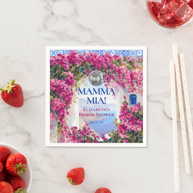 Serviette En Papier Carreau bleu méditerranéen Fleurs roses Boule disc (En situation)