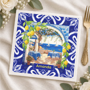 Serviette En Papier Carreau de Citron de Majolique Sicilienne Bleu Rus