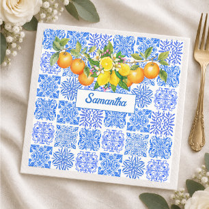 Serviette En Papier Carreau de Citron Méditerranéen Bleu Sicilien Jaun