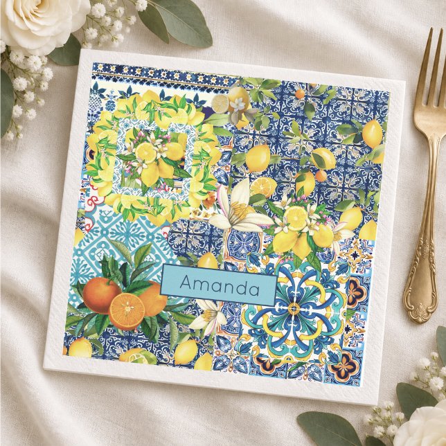 Serviette En Papier Carreau Floral Citron Sicilien Turquoise Bleu Chic (Créateur téléchargé)