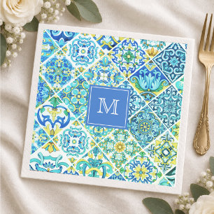 Serviette En Papier Carreau Méditerranéen Sicilien Aqua Menthe Mexicai