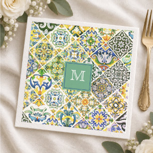 Serviette En Papier Carreau Méditerranéen Sicilien Vert Élégant