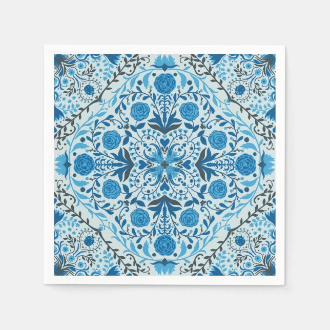 Serviette En Papier Carreaux à fleurs bleus (Devant)