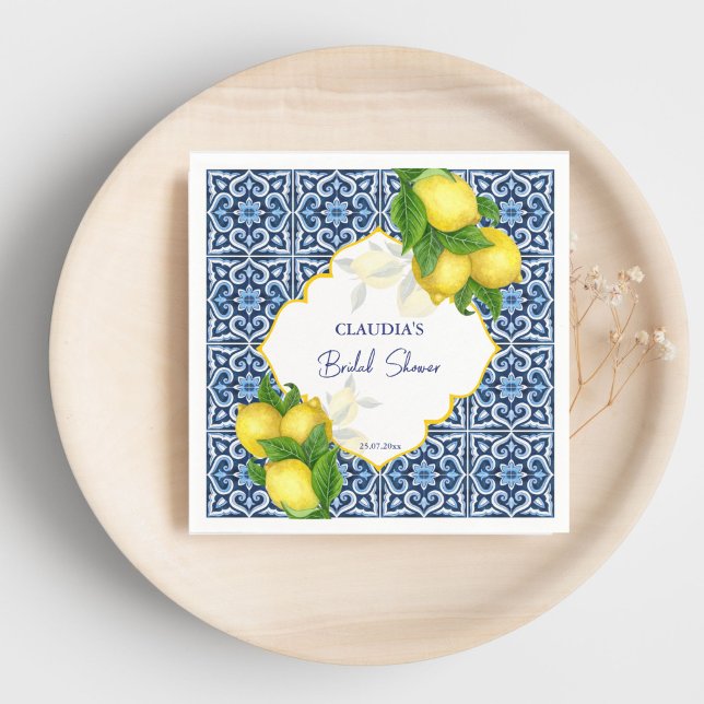 Serviette En Papier Carreaux bleus citron Amalfi douche de mariée fête (Blue tiles lemon Amalfi bridal shower party custom Napkins personalized tableware)