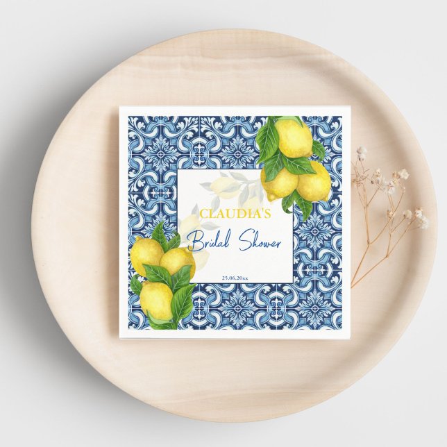 Serviette En Papier Carreaux bleus et serviettes personnalisées de fêt (Blue tiles and lemon Amalfi bridal shower custom Napkins personalized bridal shower tableware)
