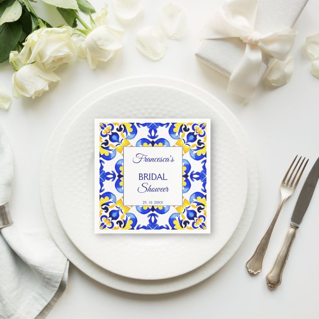 Serviette En Papier Carreaux bleus Talavera azulejo douche de mariage  (Talavera azulejo blue tiles vintage Mexican bridal shower monogram printed Napkins personalized deco)