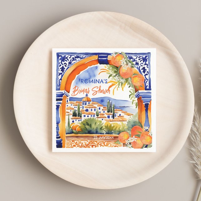 Serviette En Papier Carreaux de talavera azulejo bleu orange shower de (Orange blue azulejo talavera tiles Spanish summer bridal shower template printed napkins bold colors)