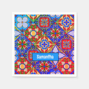 Serviette En Papier Carreaux de Talavera Mexicains Élégants Rouge Bleu