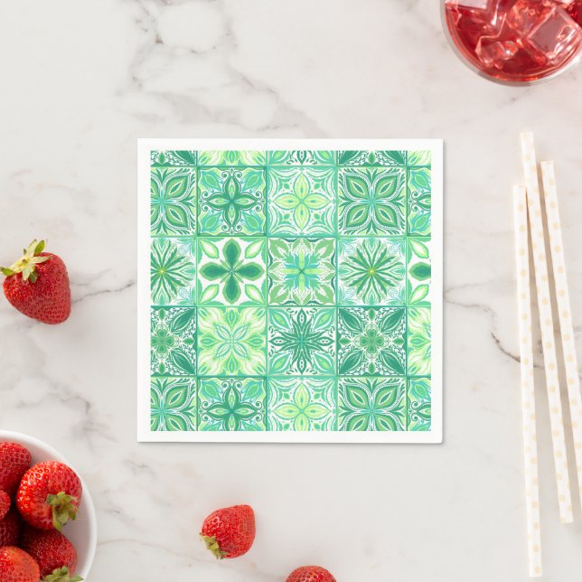 Serviette En Papier Carreaux décorés en vert et blanc (En situation)