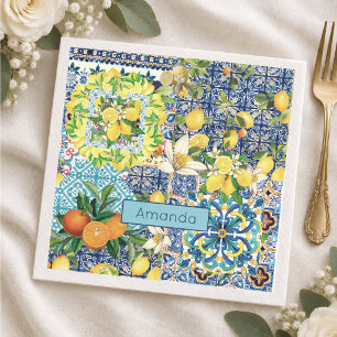 Serviette En Papier Carreaux floraux de citrouille siciliens turquoise