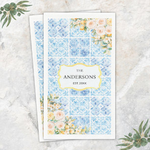 Serviette En Papier Carreaux Méditerranéens Bleus Fleur Citron Nom de
