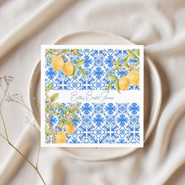 Serviette En Papier Carreaux Méditerranéens de Citrons de Mariage Prin (Blue Tiles Main Squeeze Lemons Bridal Shower napkins)