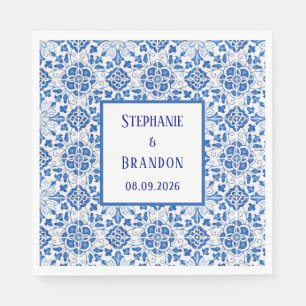 Serviette En Papier Carreaux portugais Mariage méditerranéen bleu