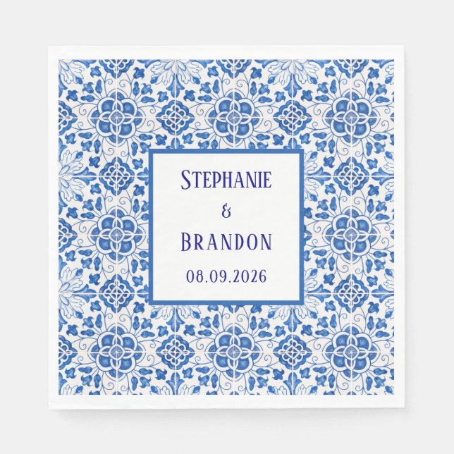 Serviette En Papier Carreaux portugais Mariage méditerranéen bleu (Devant)