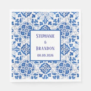 Serviette En Papier Carreaux portugais Mariage méditerranéen bleu