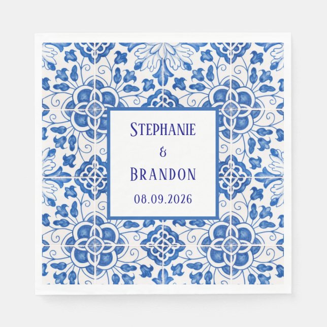 Serviette En Papier Carreaux portugais Mariage méditerranéen bleu (Devant)