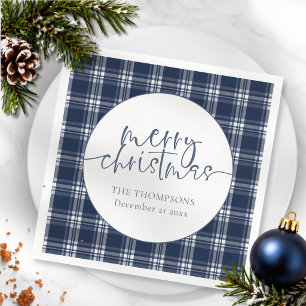 Serviette En Papier Carreaux Tartan Bleu Marine Nom Date Joyeux Noël