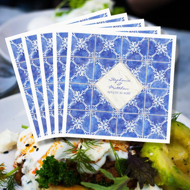 Serviette En Papier Carrelage bleu blanc Motif Mariage Aquarelle rusti (Créateur téléchargé)