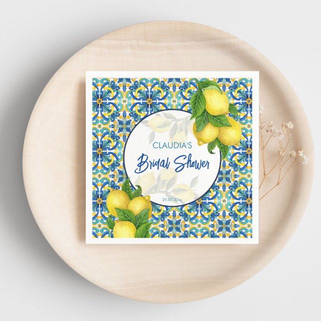 Serviette En Papier Carrelage bleu citron Amalfi Positano enterrement  (Blue tiles lemon Amalfi Positano bridal shower Napkins personalized tableware Mediterranean themed)