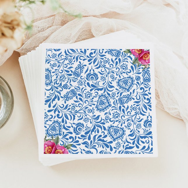 Serviette En Papier Carrelage bleu Fleur rose Parti grec méditerranéen (Créateur téléchargé)