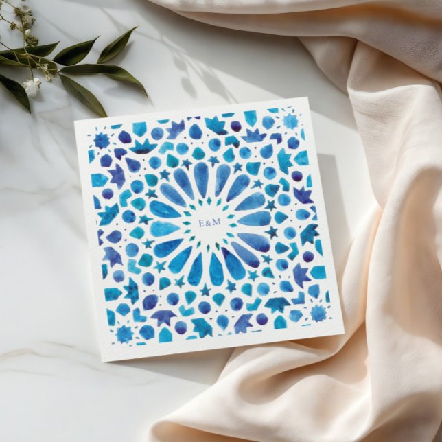 Serviette En Papier Carrelage bleu marocain Initiales Logo Mariage (Créateur téléchargé)