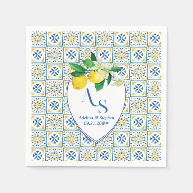 Serviette En Papier Carrelage bleu méditerranéen Italie Crest Citron M (Devant)