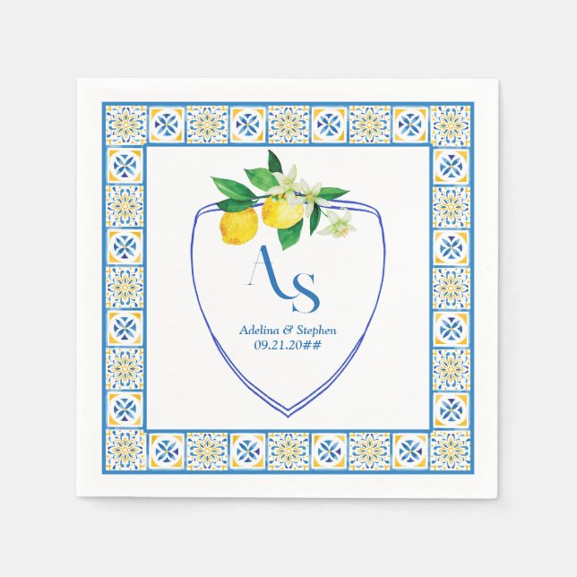 Serviette En Papier Carrelage bleu méditerranéen Italie Crest Citron M (Devant)