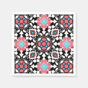 Serviette En Papier Carrelage marocain floral, noir, blanc et rose cor