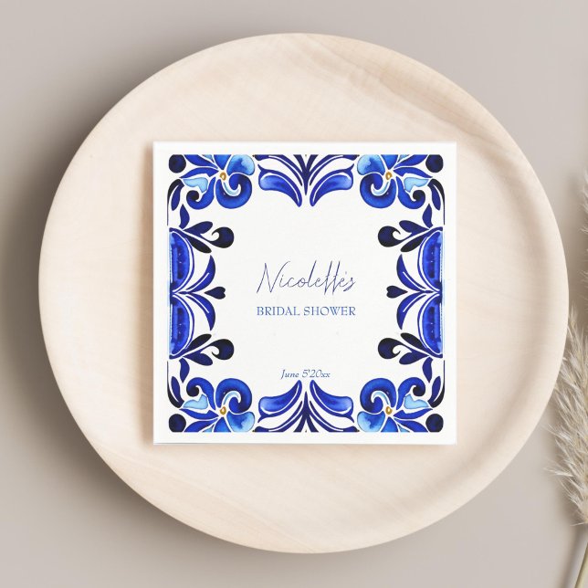 Serviette En Papier carrelage méditerranéen bleu français shower de ma (French Blue Mediterranean Spanish tiles bridal shower printed Napkins template personalized tablewar)