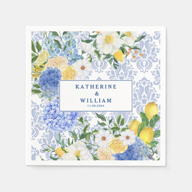 Serviette En Papier Carrelage méditerranéen citron bleu et jaune fleur (Devant)