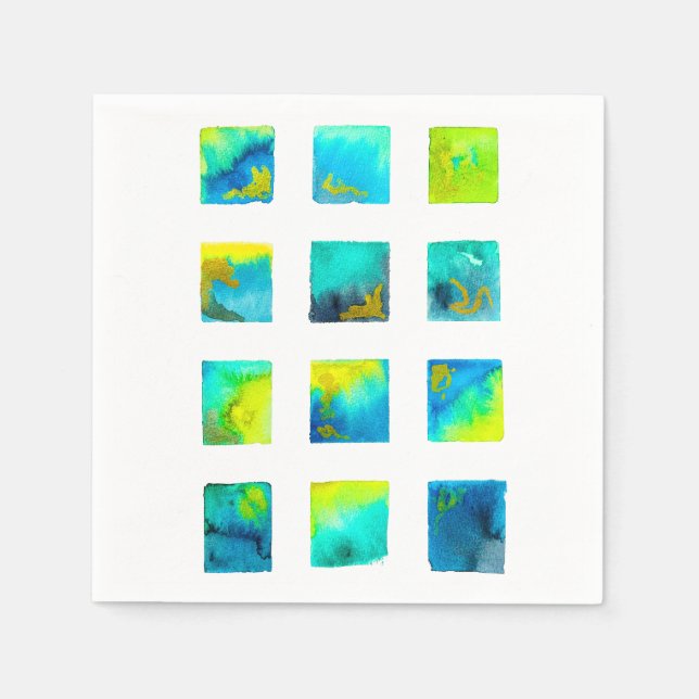 Serviette En Papier carrés bleus et verts à l'aquarelle (Devant)