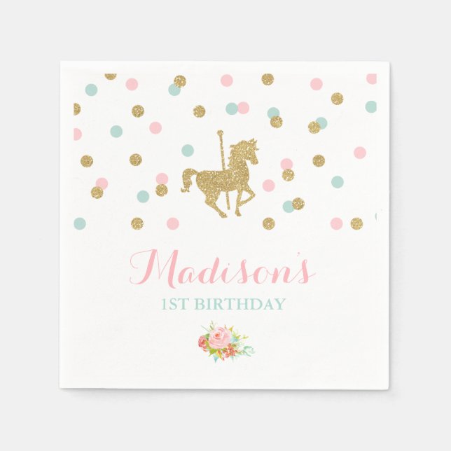 Serviette En Papier Carrousel Anniversaire Napkin Pink Gold Carousel (Devant)