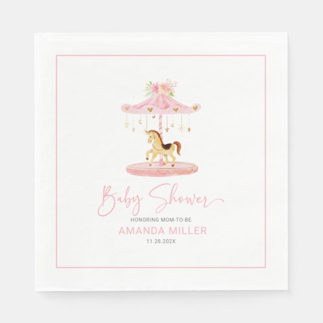 Serviette En Papier Carrousel de poney aux fleurs roses mignonnes (Devant)