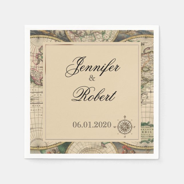 Serviette En Papier Carte Antique Vieux Monde Mariage Napkin (Devant)