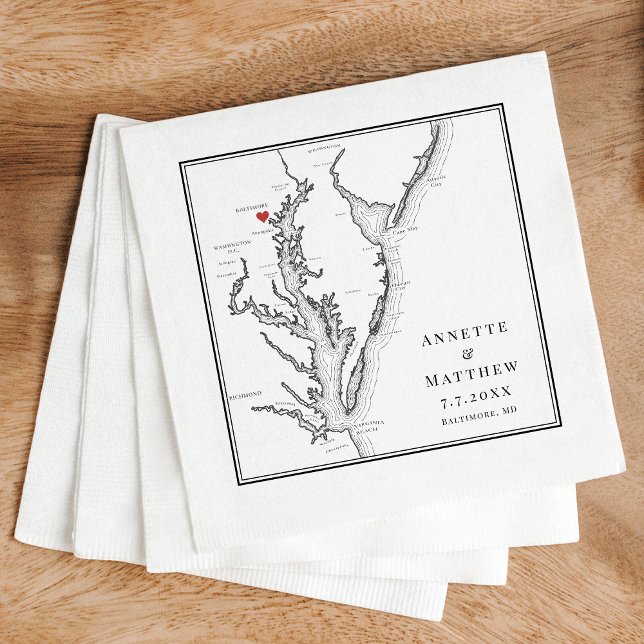 Serviette En Papier Carte Baltimore Maryland Mariage noir blanc élégan (Baltimore Wedding Napkins Personalized Chesapeake Bay Map Napkins in elegant black and white )