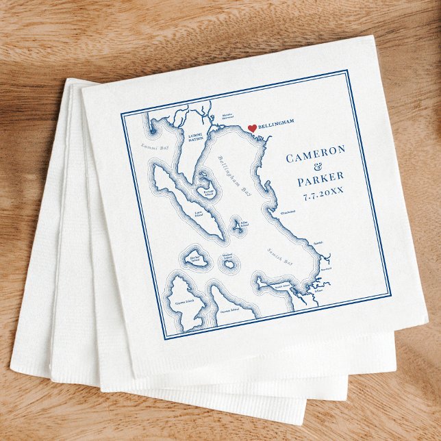 Serviette En Papier Carte Bellingham Washington Mariage élégant (Elegant Bellingham Washington Wedding Napkins with navy blue map from Coastal Map Designs)