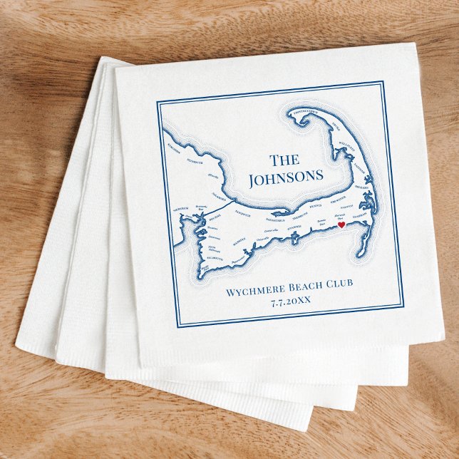Serviette En Papier Carte Cape Cod Élégant Mariage personnalisé servie (Cape Cod Elegant Wedding Napkins for a Cape Cod destination wedding at Wychmere Beach Club)