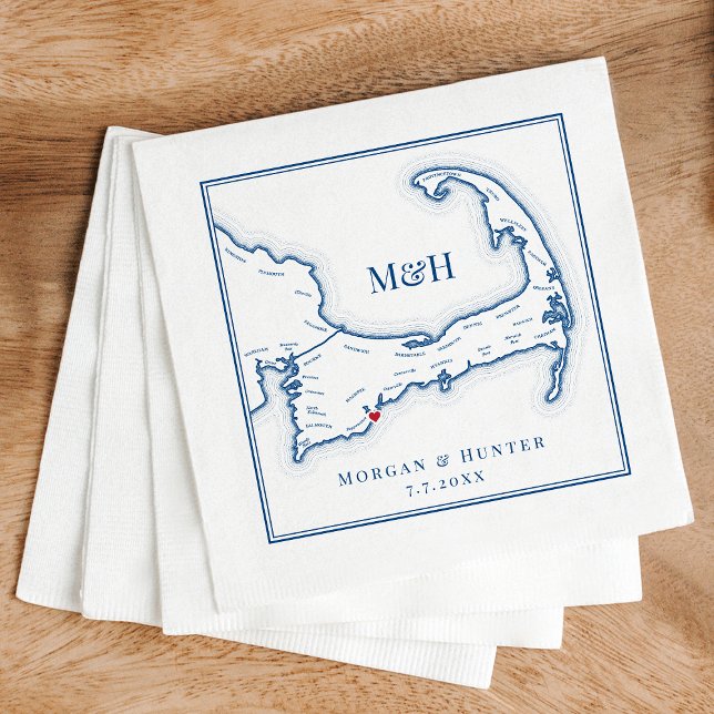 Serviette En Papier Carte de Cape Cod Élégant Mariage (Popponesset Inn Wedding Napkins or Club at New Seabury Cape Cod Map Napkins by Coastal Map Designs)